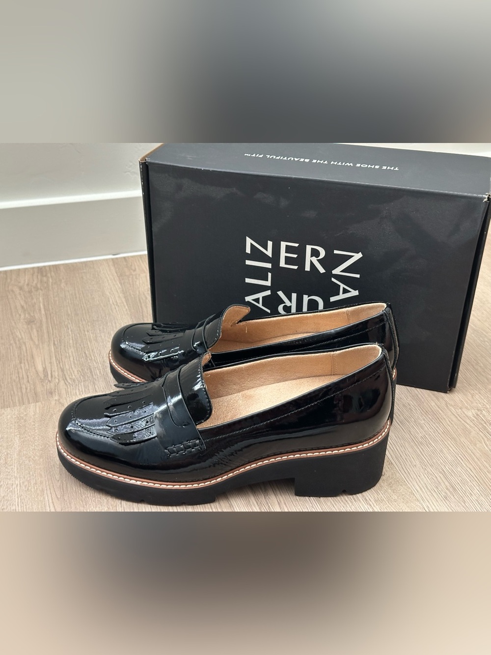 Naturalizer Black Patent Kiltie Penny Loafers with Platform Sole